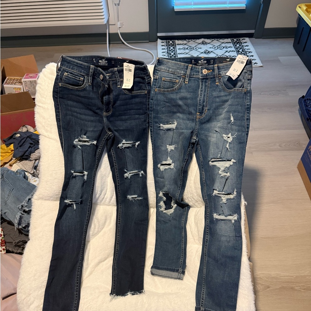 Hollister Dark and Light Blue Distressed Skinny Jeans